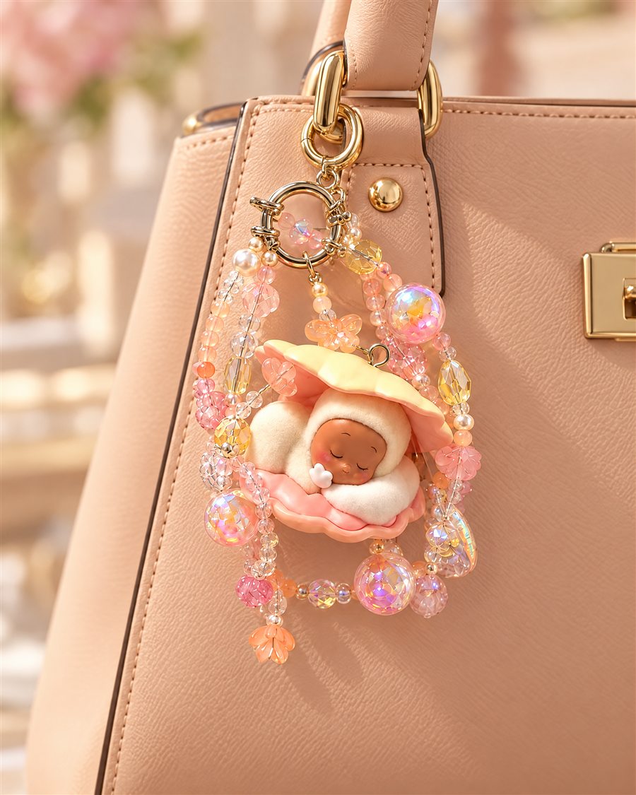 Sleeping Seashell Charm on a handbag